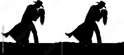 set of silhouette cowboy romance men and women on White Background black and white photos