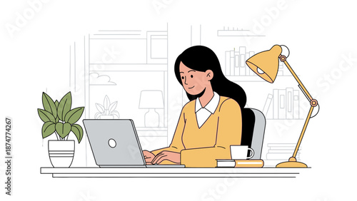 Woman working on laptop in modern home office with plant and lamp