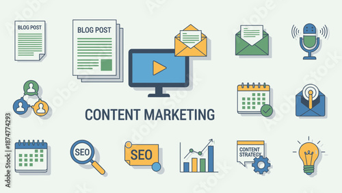 Effective content marketing strategy with digital icons and SEO tools