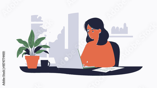Businesswoman working on laptop in modern office space with city view
