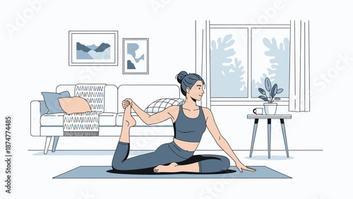 Woman practices yoga in a serene living room with modern decor