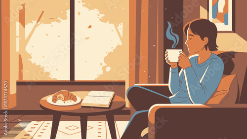 Woman enjoying quiet morning with coffee and croissant by window