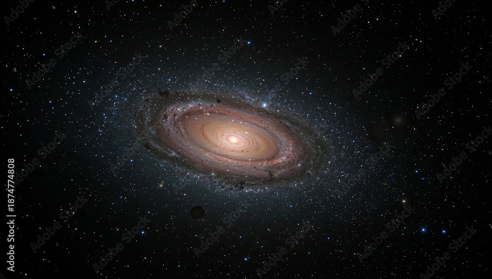 Obraz premium Spiral galaxy expanding from a bright core amidst stars