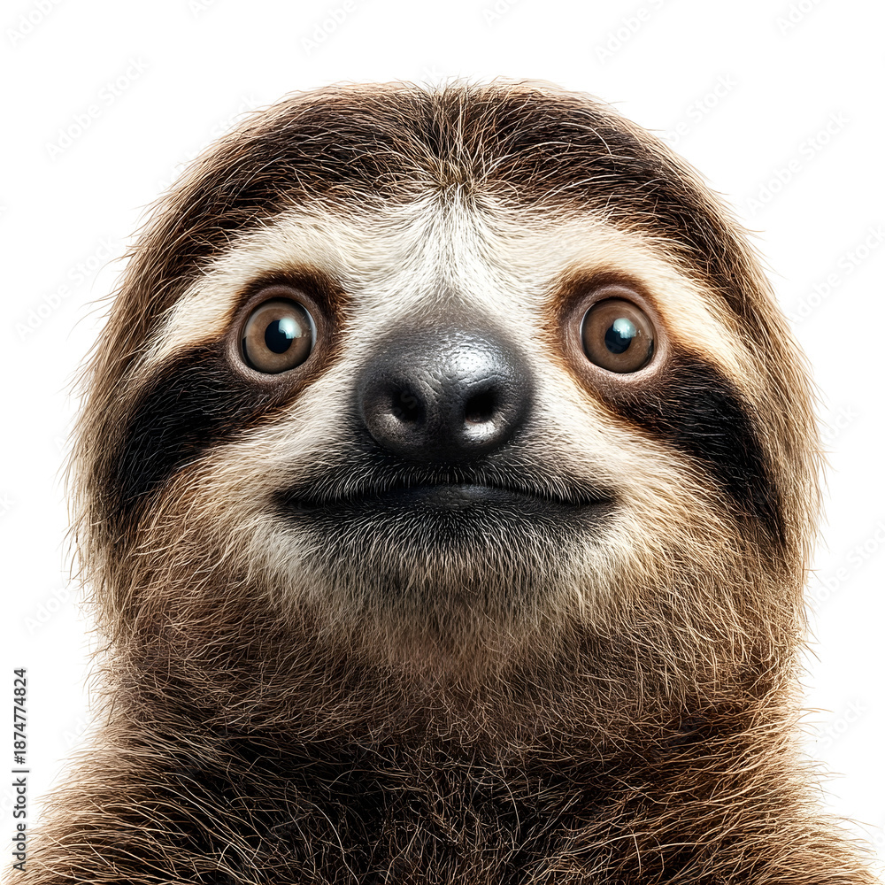 Fototapeta premium Close up portrait of a cute sloth with wide curious eyes on a clean white background