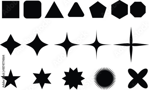 Various black solid shapes including squares triangles and stars are neatly arranged on a plain white backdrop