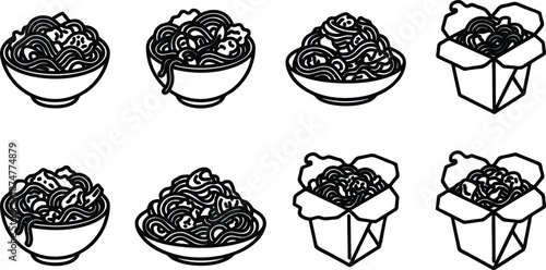 Black and white line drawing illustrations of various noodle dishes in bowls and takeout containers  served in different styles