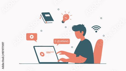 Man engaged in online learning with laptop and e-learning symbols