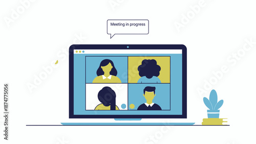 Remote team collaborating on laptop during virtual meeting