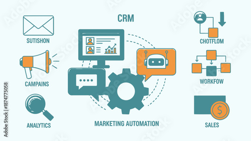 Marketing automation concept with CRM, sales, and analytics tools