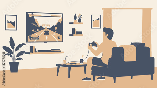 Man enjoying video game on TV in cozy living room