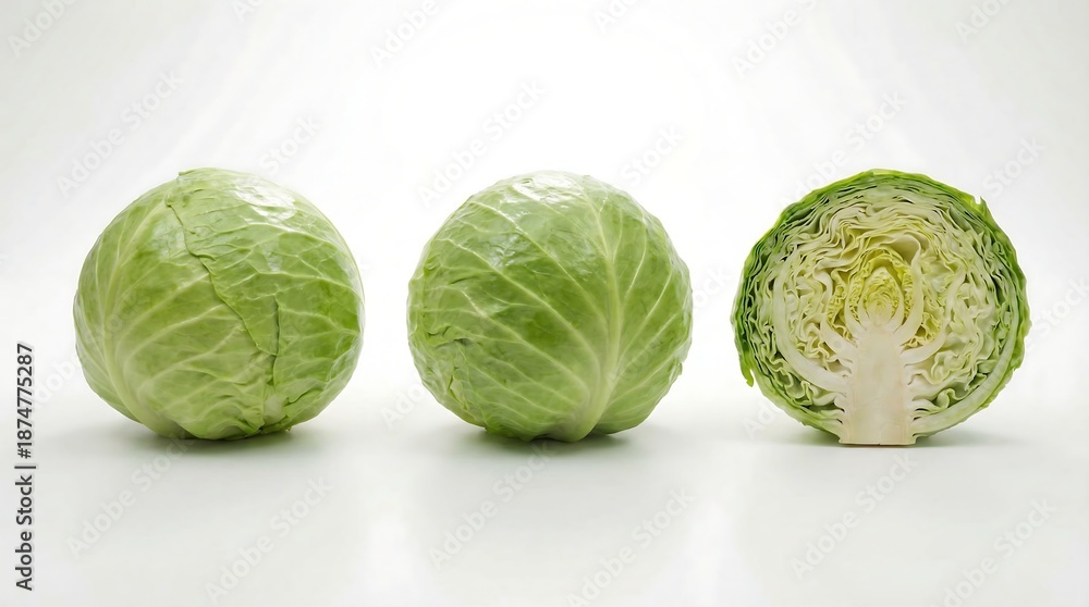 Fototapeta premium A vibrant still life featuring three green cabbages showcasing a whole cabbage a halved one and a fully cut cross section for display