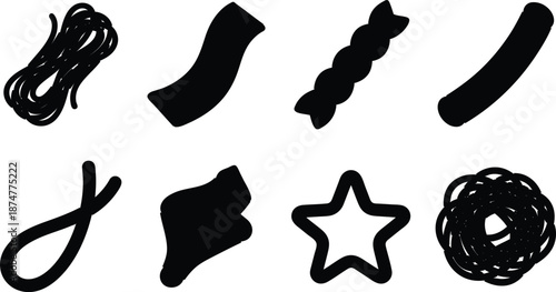 Collection of various black abstract shapes and lines on white background for design elements