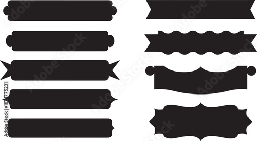 Collection of Minimalist Black Ribbon Banners and Geometric Label Silhouettes for Product Packaging Discount Tags and Modern Graphic Design Elements
