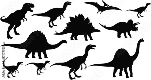 “Collection of diverse dinosaur silhouettes in various poses, featuring prehistoric species for educational designs, kids illustrations, natural history themes, and creative vector artwork, 