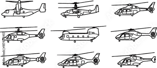 Collection of various helicopter models and designs in simple line drawings  side views