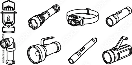 Collection of various light sources including flashlights and lanterns for illumination purposes
