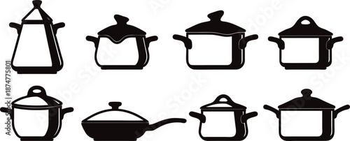 Eight black silhouettes of various pots and pans for cooking  isolated on white background