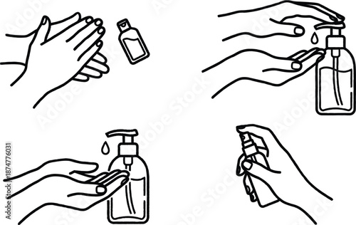 Four steps of hand sanitizer application process with hands and bottles  proper hygiene technique