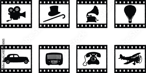 Film strip icons of vintage objects and transportation  movie camera to airplane