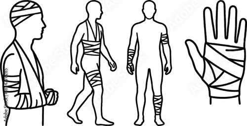 Line drawings of people with bandages on their bodies and a hand  medical illustrations