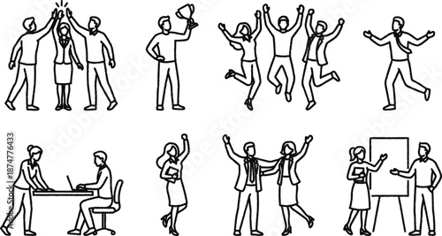 Line drawing illustrations of business people in various poses and actions  teamwork and communication