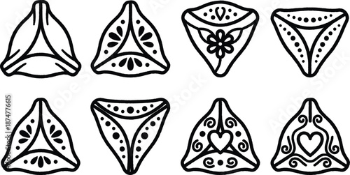Set of eight samosas with various decorative designs and patterns on white background