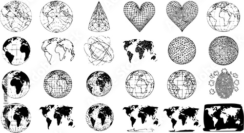 Global Geography  Travel Vector Icon Set: Black  White Line Art  Silhouette Collection of World Maps, Globes, and Earth Elements
