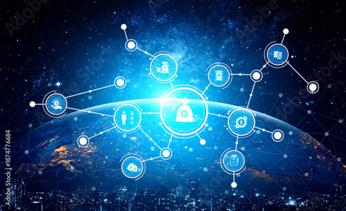 Wallpaper Mural This stunning digital illustration showcases a network of glowing icons connected above Earth, symbolizing advanced global communication and technology innovations. Tessel Torontodigital.ca