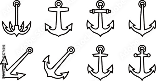 Set of nautical anchors in different styles and orientations on white