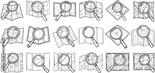 Hand-drawn Black  White Line Art Magnifying Glass and Map Icons Set. Perfect for Travel, Exploration, Navigation, Cartography, and Discovery themed designs.