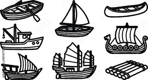 Set of various boat and ship illustrations in simple line style  nautical icons collection