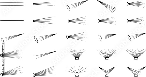 Set of Black and White Line Art Spotlights and Light Beams, Abstract Technology and Illumination Icons