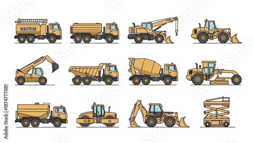 Collection of construction vehicles and heavy machinery illustrated in a vector style for design projects