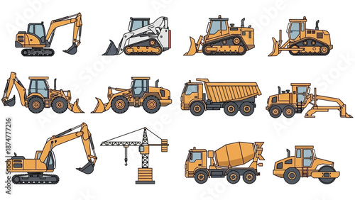 Construction Vehicles Collection of Illustrated Heavy Machinery for Building and Development Projects
