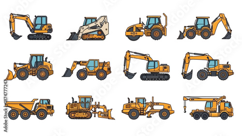 Collection of construction vehicles, including excavators, bulldozers, and trucks, in vector illustration