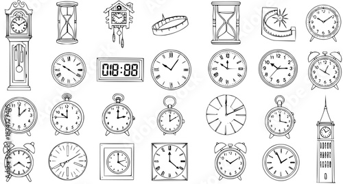 Hand-Drawn Black  White Line Art Set of Diverse Clocks and Timepieces, Including Grandfather, Cuckoo, Alarm, Digital, Hourglass, and Sundial Icons