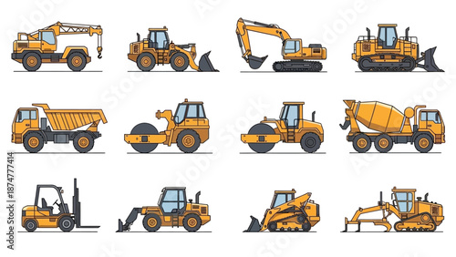 Collection of construction vehicles and machinery illustrations in a flat vector style suitable for various projects