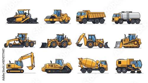 Collection of construction vehicles and machinery for road work and infrastructure projects, vector illustration