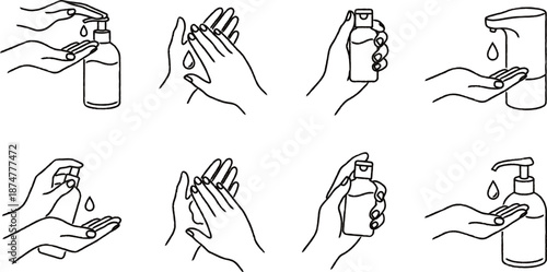 Various hands using hand sanitizer in different positions and actions for hygiene practices