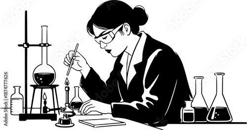 Sumi-e illustration of a focused woman conducting an experiment
