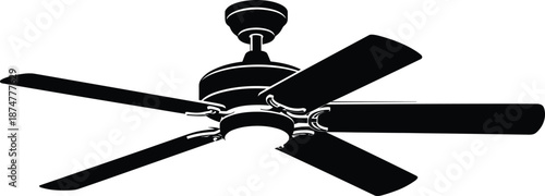 “Detailed black silhouette ceiling fan vector illustration with modern blades, elegant lighting fixture, home interior cooling design element, isolated decorative ventilation graphic