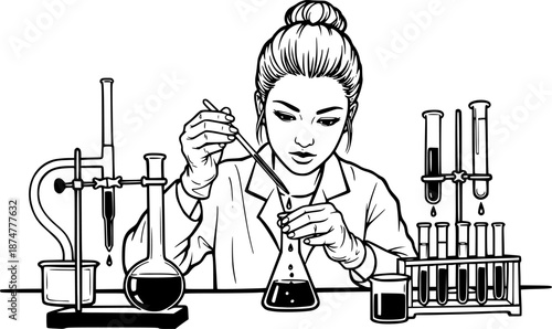 Sumi-e illustration of a focused woman conducting an experiment
