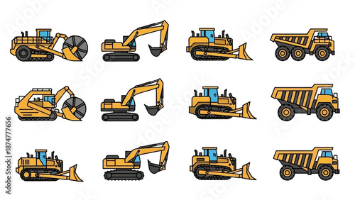 Construction Equipment Set Detailed Illustrations of Bulldozers, Excavators, and Dump Trucks