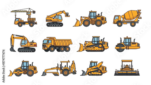 Illustration of various heavy construction machines and equipment in yellow color, vector set