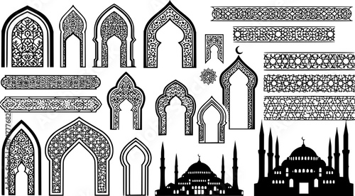 Islamic Decorative Vector Elements: A set of black and white illustrations featuring traditional arches, borders, and mosque silhouettes for design projects.