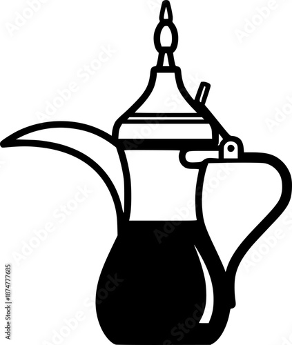 Arabic dallah coffee pot silhouette with curved spout and lid, traditional icon
