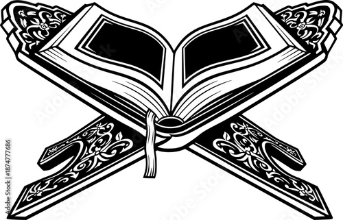 Stylized black and white illustration of the holy quran resting open on an ornate wooden book stand with floral motifs
