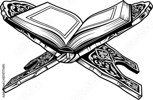 Stylized black and white illustration of the holy quran resting open on an ornate wooden book stand with floral motifs
