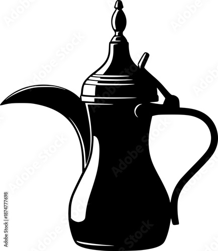Arabic dallah coffee pot silhouette with curved spout and lid, traditional icon
