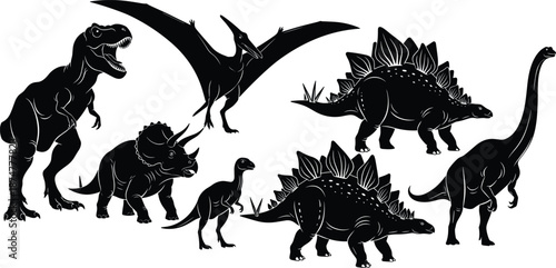 “Detailed black silhouette vector illustration set of various dinosaurs including T-rex, stegosaurus, triceratops and pterodactyl, prehistoric animal collection design for education and decoration”